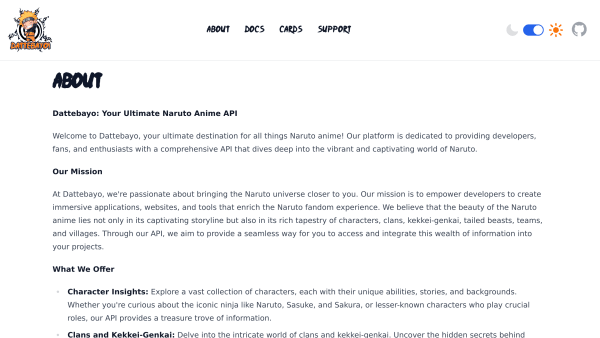Dattebayo API's website screenshot