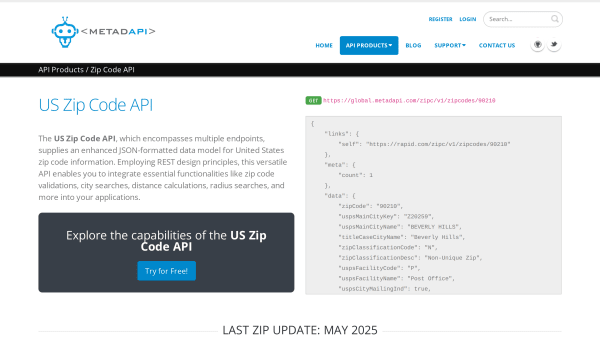 Metadapi Zip Code's website screenshot
