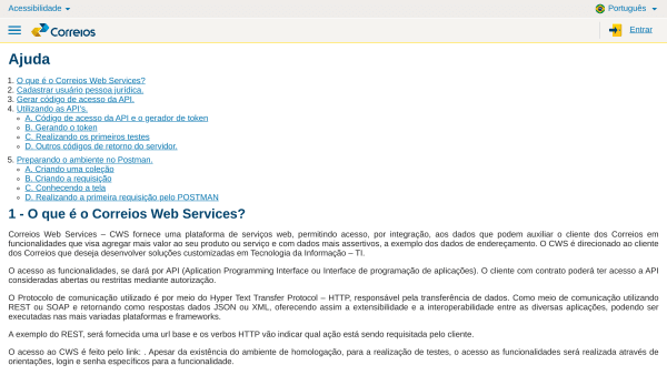 Correios's website screenshot