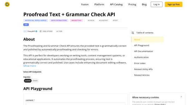 Proofread and Grammar Check API's website screenshot