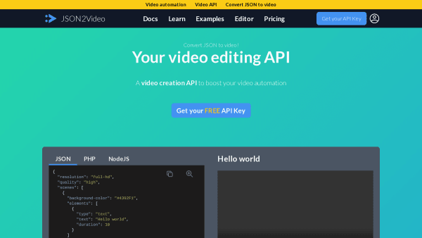 JSON2Video's website screenshot