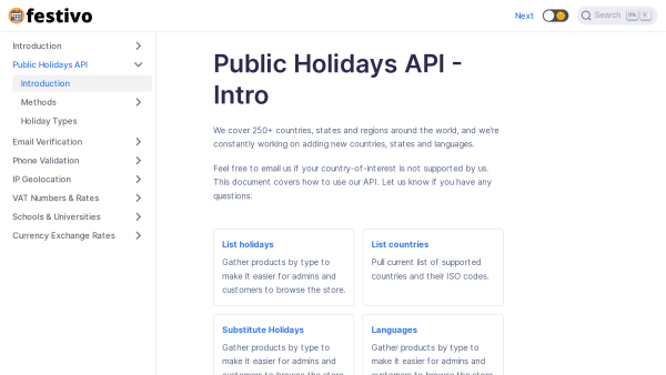 Festivo Public Holidays's website screenshot