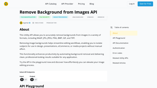 Remove Background from Images API's website screenshot