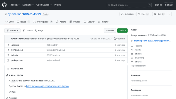 RSS to JSON's website screenshot