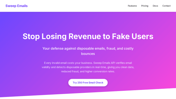 Sweep Emails's website screenshot