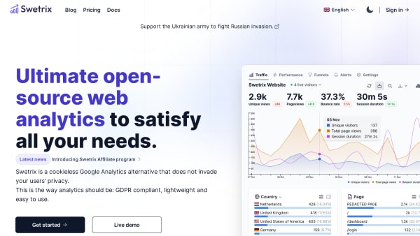 Swetrix's website screenshot
