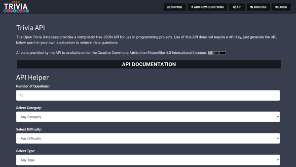 Open Trivia's website screenshot