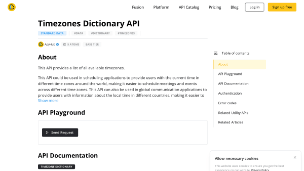 Timezones Dictionary API's website screenshot