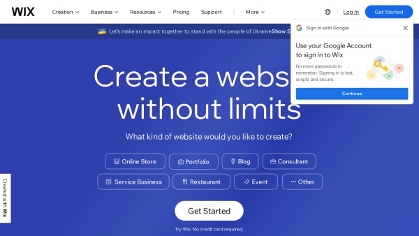 Wix's website screenshot