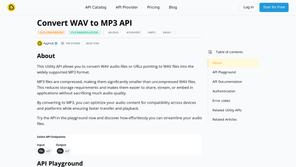 WAV to MP3 API's website screenshot