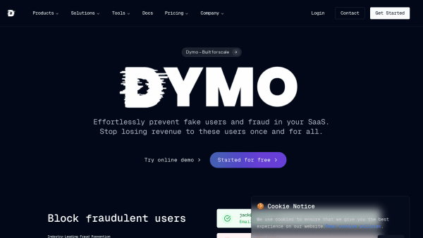 Dymo API's website screenshot