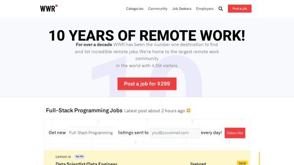 We Work Remotely's website screenshot
