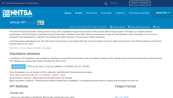 NHTSA's website screenshot