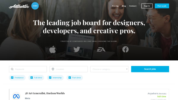 Authentic Jobs's website screenshot