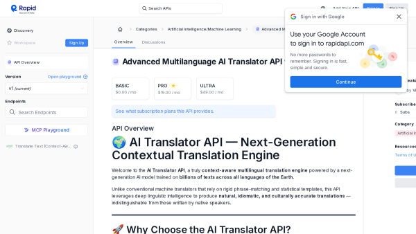 Advanced Multilanguage AI Translator (RapidAPI)'s website screenshot