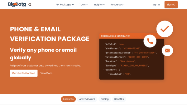 BigDataCloud's Phone and Email Verification API's website screenshot