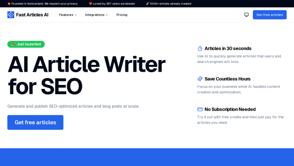 Fast Articles AI's website screenshot