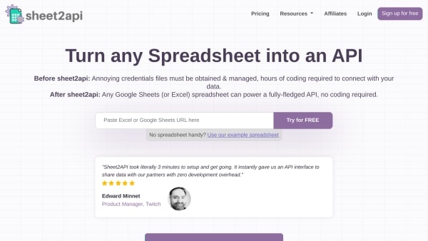 Sheet2API's website screenshot
