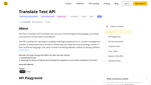 AI Translate text API's website screenshot