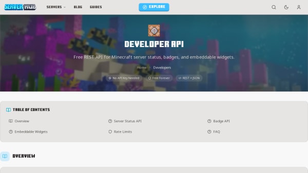 Minecraft ServerHub's website screenshot