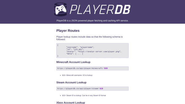 PlayerDB's website screenshot