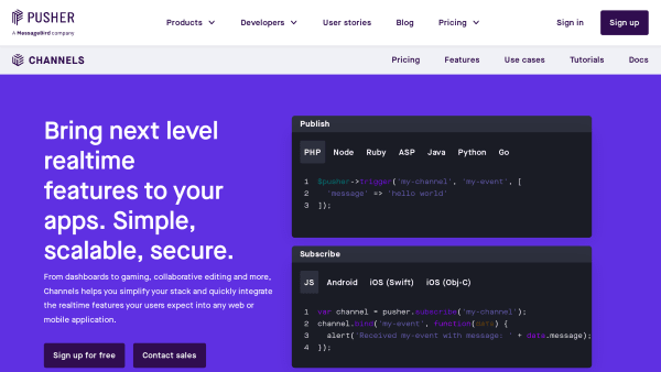 Pusher Channels's website screenshot