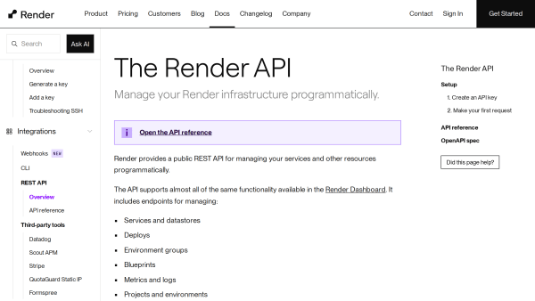 Render API's website screenshot
