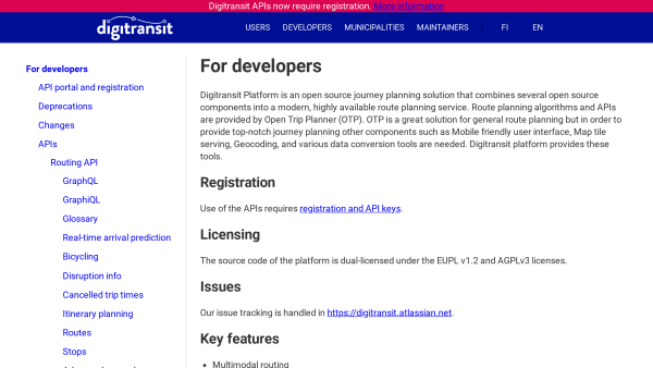 Transport for Finland's website screenshot
