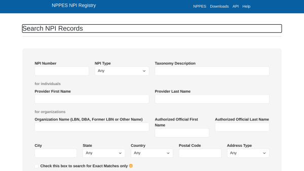 NPPES's website screenshot