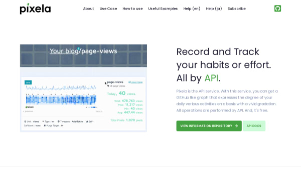 Pixela's website screenshot