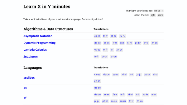 Learn X in Y minutes's website screenshot