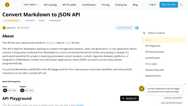 Markdown to JSON API's website screenshot