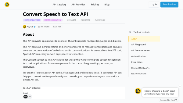 Convert Speech to Text API's website screenshot