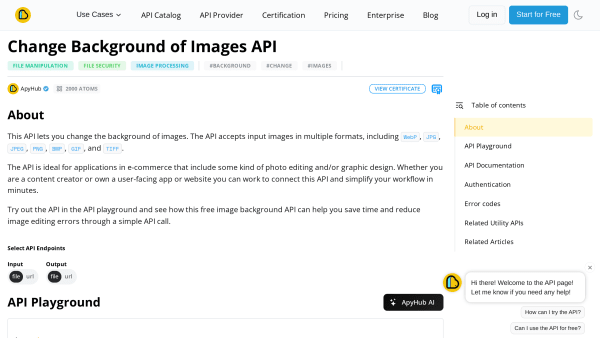 Change Image Background API's website screenshot