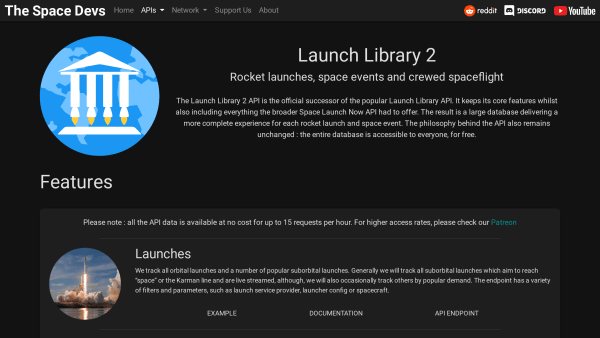 Launch Library 2's website screenshot