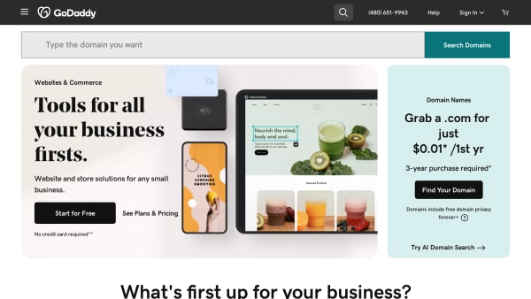 GoDaddy's website screenshot