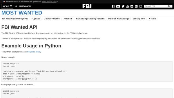 FBI Wanted's website screenshot
