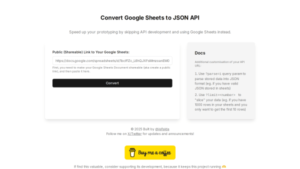 Sheets 2 API's website screenshot
