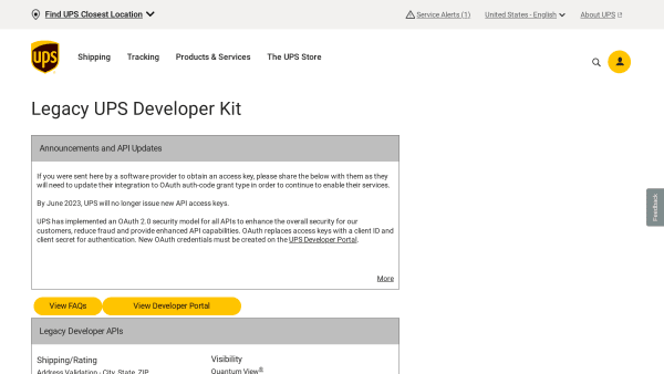 UPS's website screenshot