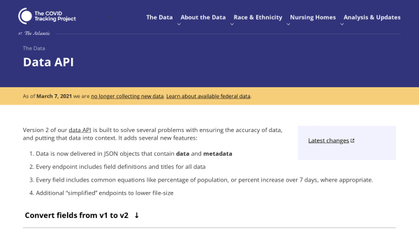 Covid Tracking Project's website screenshot