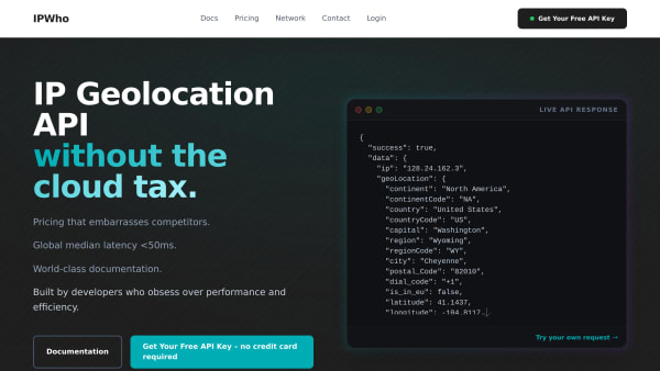 IPWho IP Geolocation API's website screenshot