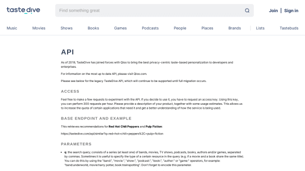 TasteDive's website screenshot