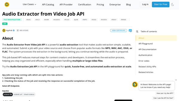 Extract Audio from Video API's website screenshot