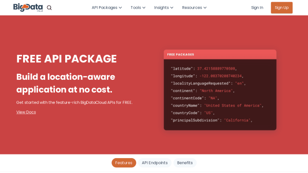 BigDataCloud's Free API's website screenshot