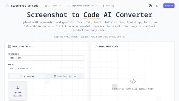 Screenshot to Code's website screenshot