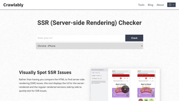 Server-side Rendering (SSR) Checker's website screenshot