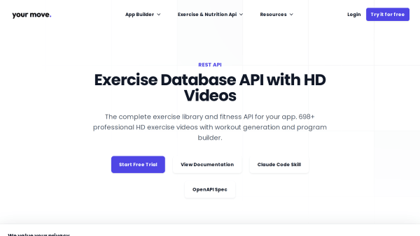 Video Exercise, Nutrition & Recipe API - ymove.app's website screenshot