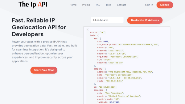The IP API's website screenshot