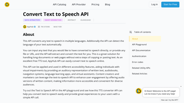 Convert Text to Speech API's website screenshot