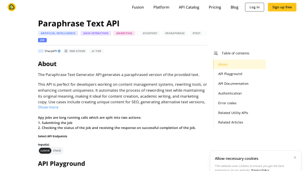 Paraphrase Text API's website screenshot